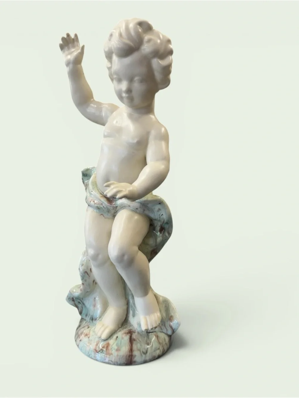 Vintage Cream Ceramic Cherub Figurine with Pale Aqua Drapery 16” x 6”